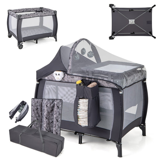LIVSK 3-in-1 Reisbedje - Opvouwbaar met Muziekdoos en Hangend Speelgoed - Inclusief Commode en Luifel - Tot 15 kg - Grijs