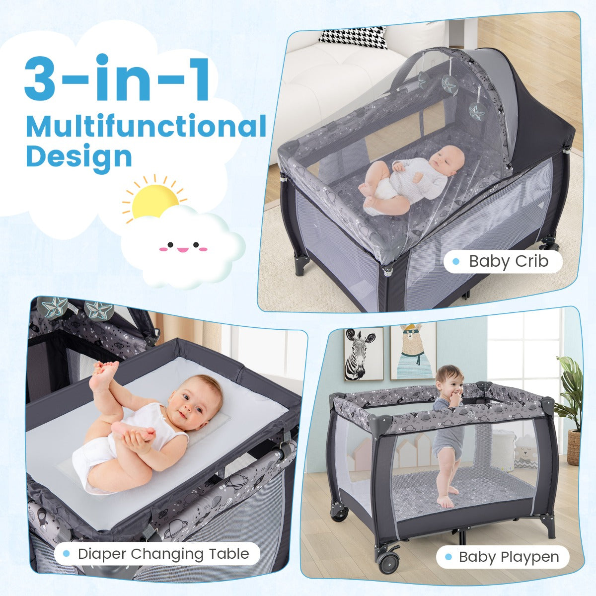 LIVSK 3-in-1 Reisbedje - Opvouwbaar met Muziekdoos en Hangend Speelgoed - Inclusief Commode en Luifel - Tot 15 kg - Grijs