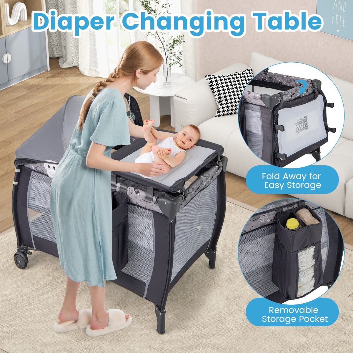 LIVSK 3-in-1 Reisbedje - Opvouwbaar met Muziekdoos en Hangend Speelgoed - Inclusief Commode en Luifel - Tot 15 kg - Grijs