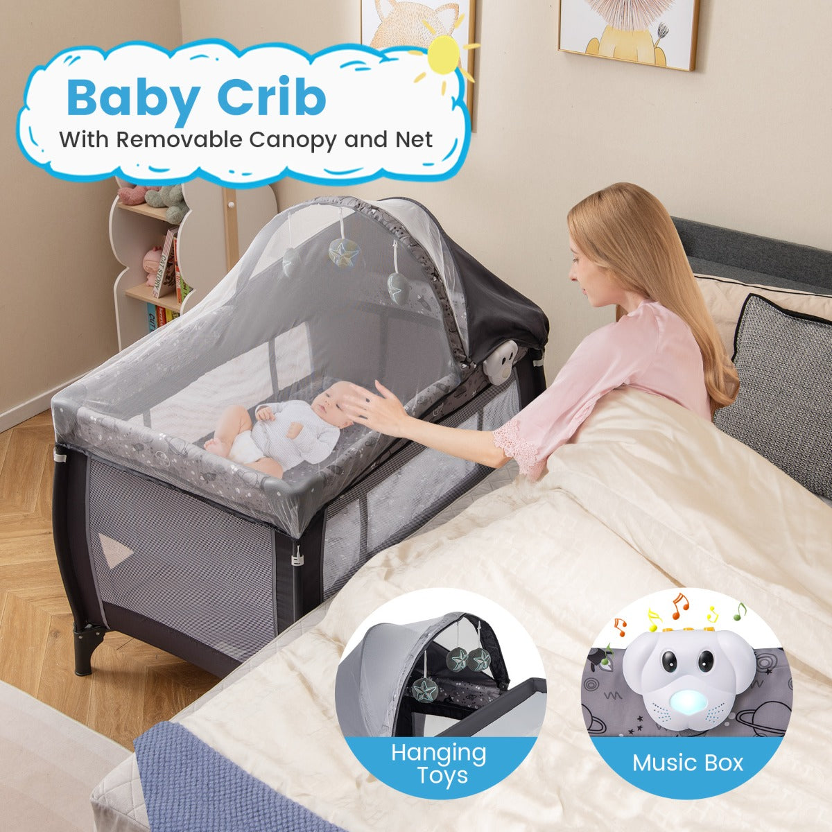 LIVSK 3-in-1 Reisbedje - Opvouwbaar met Muziekdoos en Hangend Speelgoed - Inclusief Commode en Luifel - Tot 15 kg - Grijs