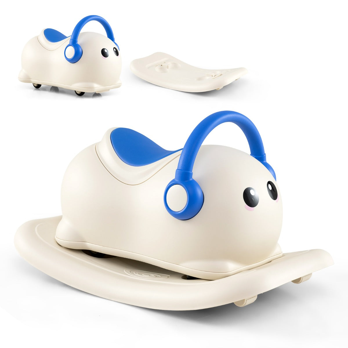 LIVSK 3-in-1 Schommelpaard - Glijauto en Balansplaat - Anti-kanteldesign - Opbergruimte - Voor Peuters 1-3 Jaar - Wit + Blauw