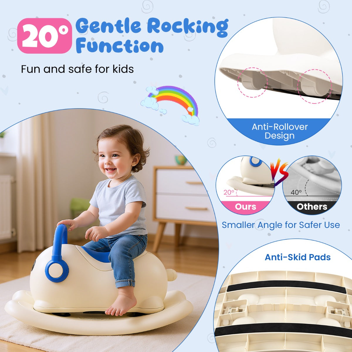LIVSK 3-in-1 Schommelpaard - Glijauto en Balansplaat - Anti-kanteldesign - Opbergruimte - Voor Peuters 1-3 Jaar - Wit + Blauw