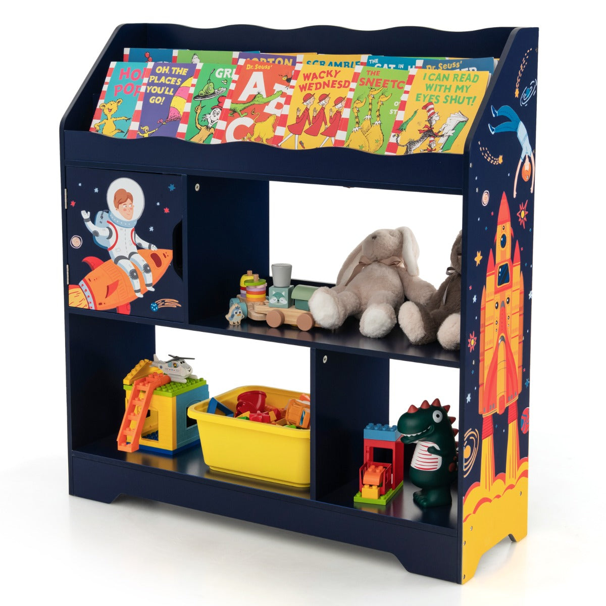 LIVSK 3-in-1 Kinderopbergrek - 3 Niveaus met Opbergvakken en Deur - Veilig en Kindvriendelijk - 93 x 30 x 100 cm - Blauw