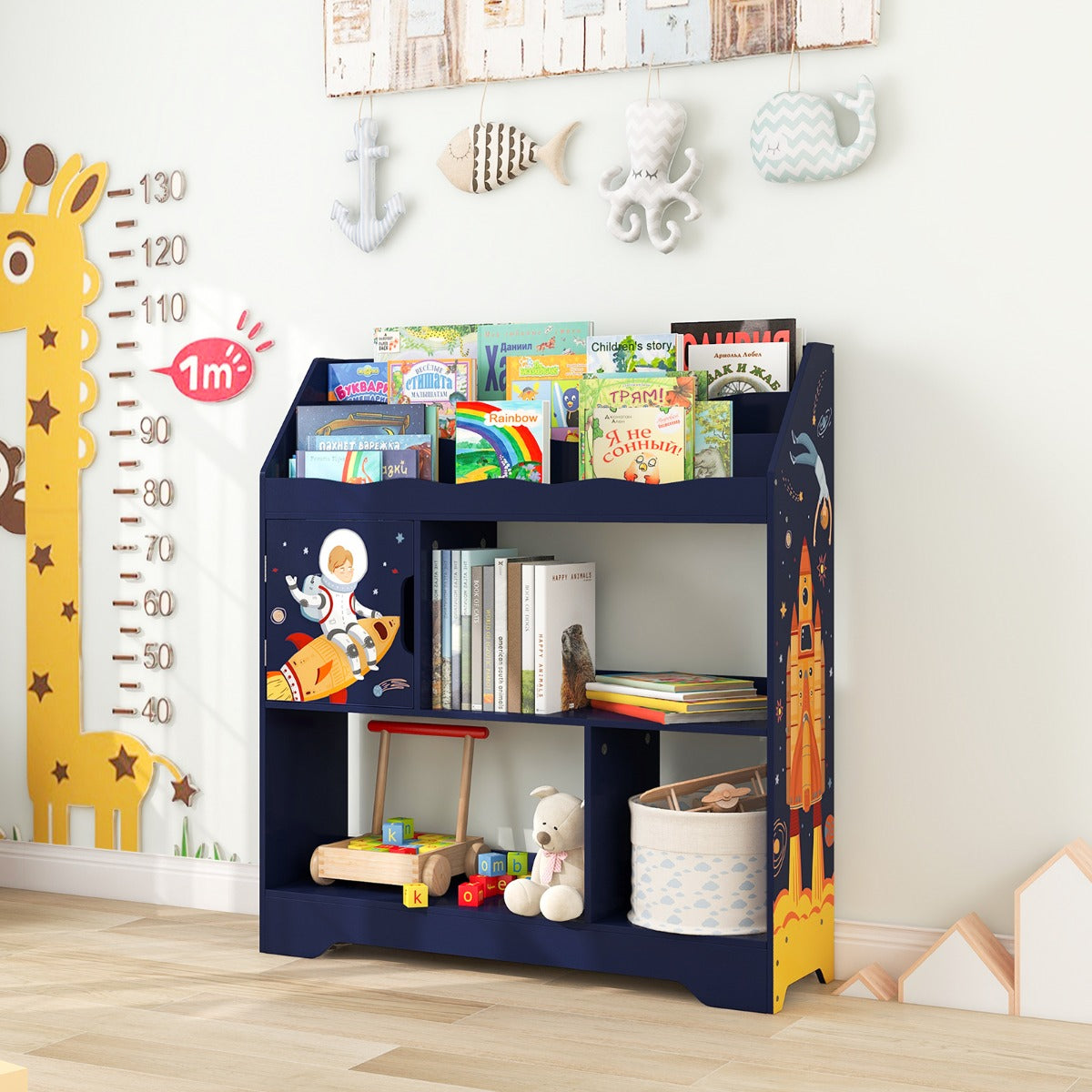 LIVSK 3-in-1 Kinderopbergrek - 3 Niveaus met Opbergvakken en Deur - Veilig en Kindvriendelijk - 93 x 30 x 100 cm - Blauw