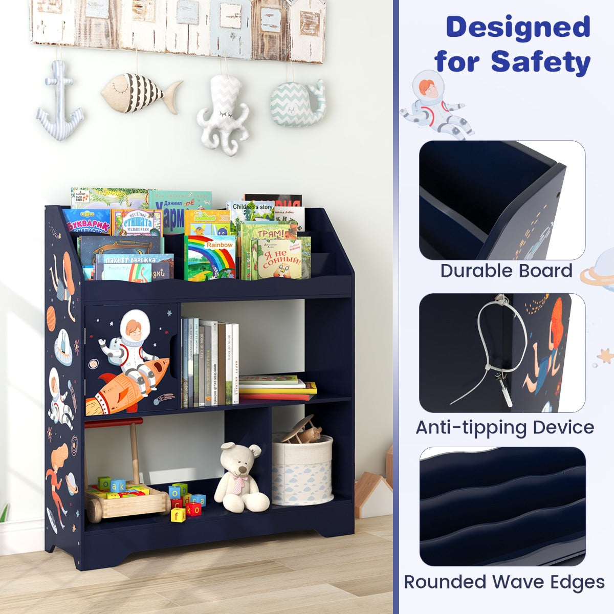 LIVSK 3-in-1 Kinderopbergrek - 3 Niveaus met Opbergvakken en Deur - Veilig en Kindvriendelijk - 93 x 30 x 100 cm - Blauw