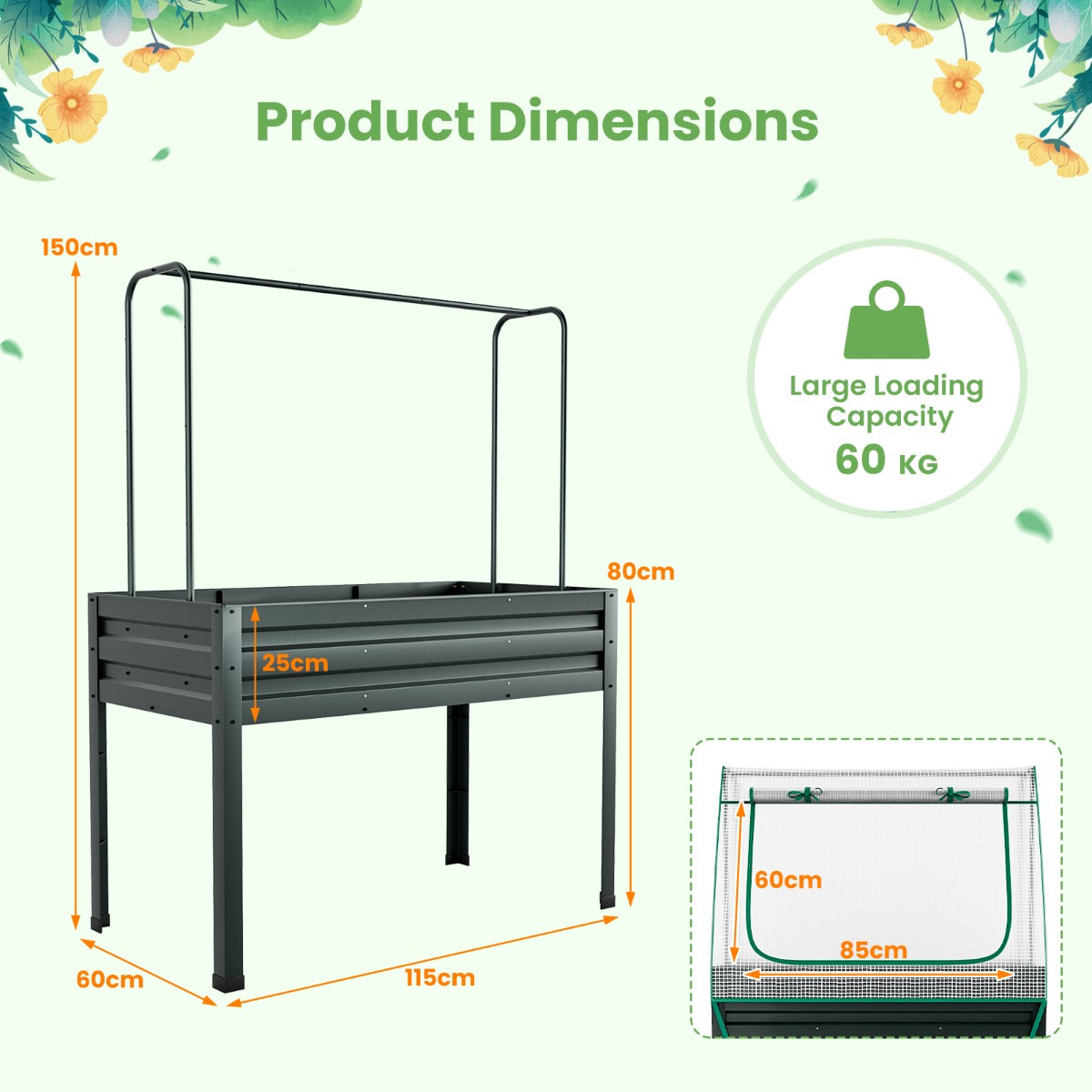 LIVSK Multifunctionele Tuinset 3-in-1 - Verhoogd Bed met Kasafdekking en Trellis - Rugvriendelijk - 115 x 60 x 150 cm - Grijs +