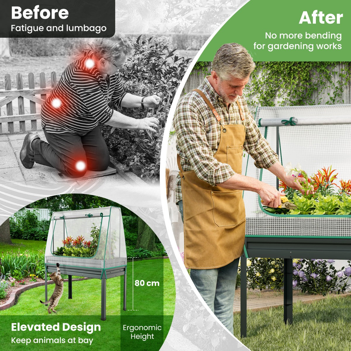 LIVSK Multifunctionele Tuinset 3-in-1 - Verhoogd Bed met Kasafdekking en Trellis - Rugvriendelijk - 115 x 60 x 150 cm - Grijs +