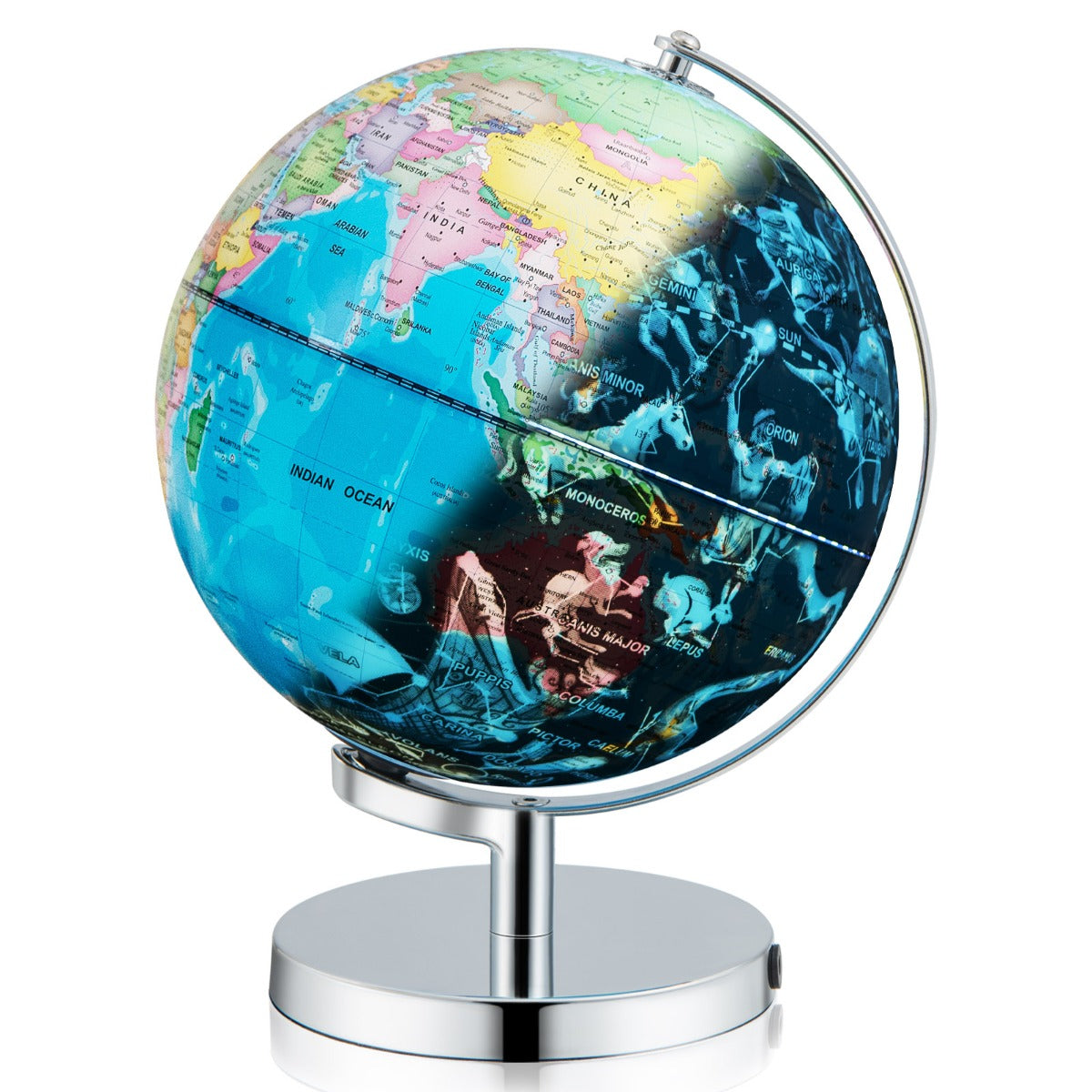 LIVSK Verlichte Wereldbol met Sterrenbeelden - 3-in-1 Nachtlampje en Geografische Kaart - Stevige Voet - 23 cm - Blauw