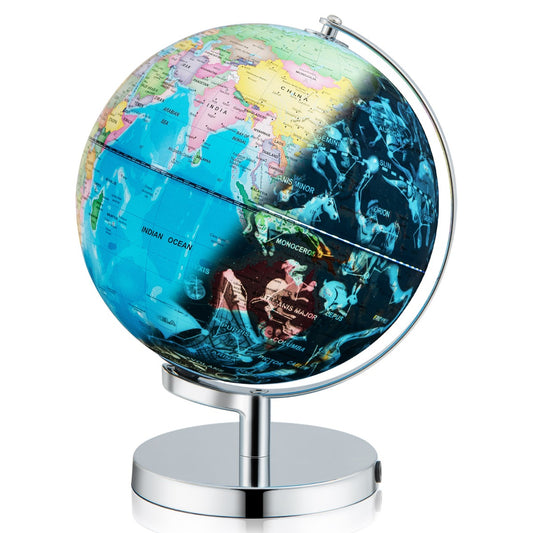 LIVSK Verlichte Wereldbol met Sterrenbeelden - 3-in-1 Nachtlampje en Geografische Kaart - Stevige Voet - 23 cm - Blauw