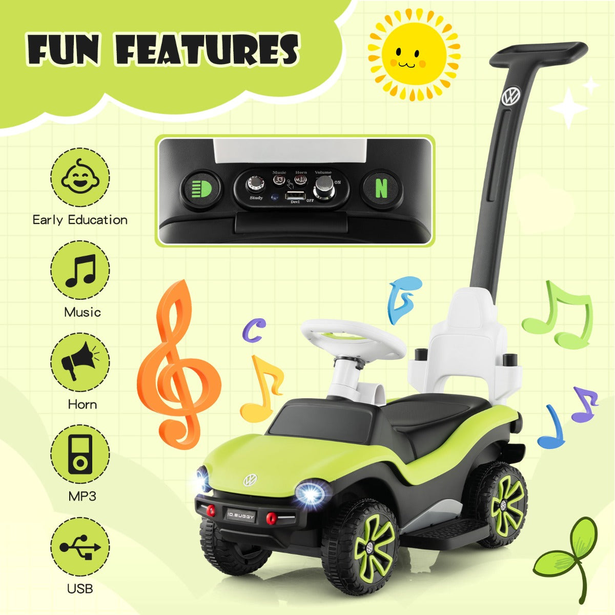 LIVSK 3-in-1 Volkswagen Duwauto - Kinderwagen, Loopauto en Looprekje - Verstelbare Duwbeugel - Muziek en Licht - Groen