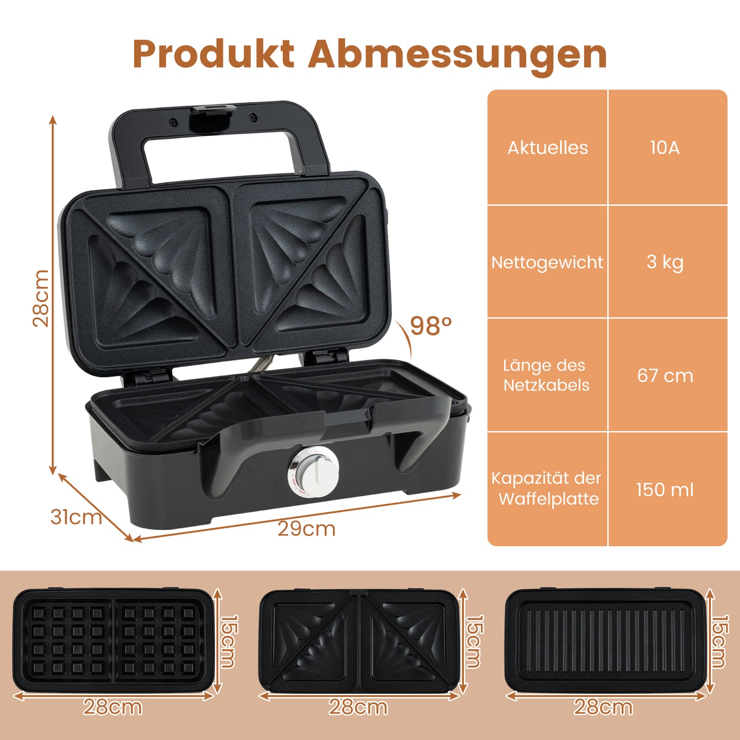 LIVSK Elektrische Sandwichmaker 3 - in - 1 - Wafelijzer - Panini - pers - Antiaanbakplaten - 5 - traps Temperatuurregeling - Zwart