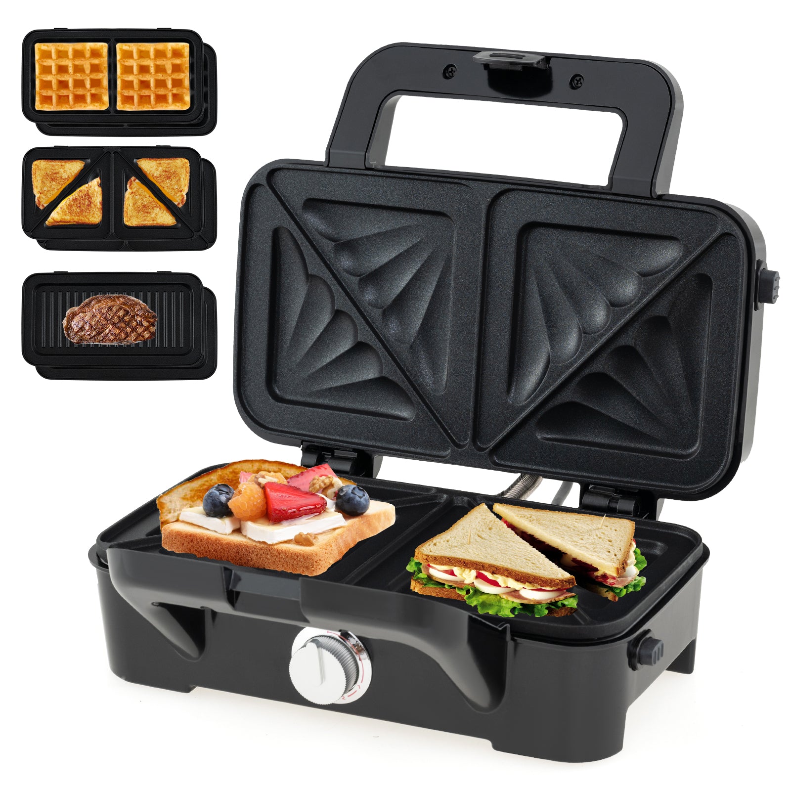 LIVSK Elektrische Sandwichmaker 3 - in - 1 - Wafelijzer - Panini - pers - Antiaanbakplaten - 5 - traps Temperatuurregeling - Zwart
