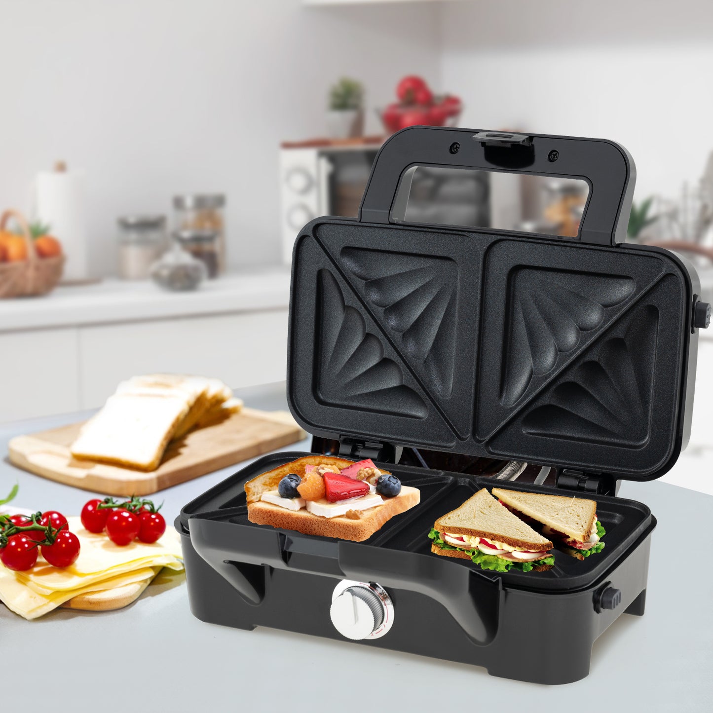 LIVSK Elektrische Sandwichmaker 3 - in - 1 - Wafelijzer - Panini - pers - Antiaanbakplaten - 5 - traps Temperatuurregeling - Zwart