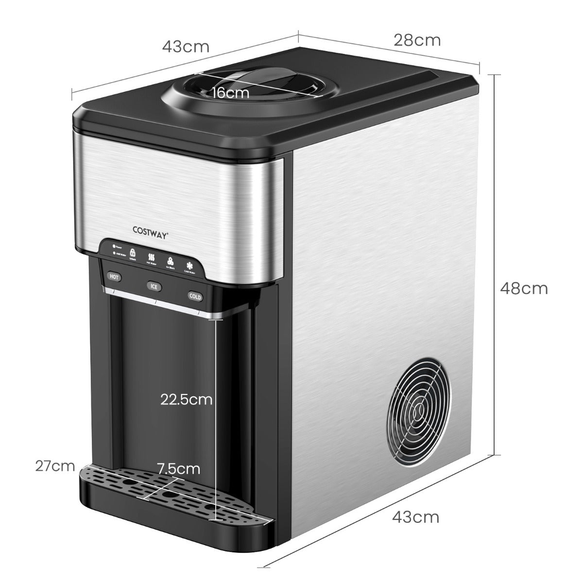 LIVSK 3-in-1 Waterdispenser met Ijsmaker - Warm/Koud Water - Intuïtief Paneel - Kinderslot - 28 x 43 x 48 cm - Zilver + Zwart