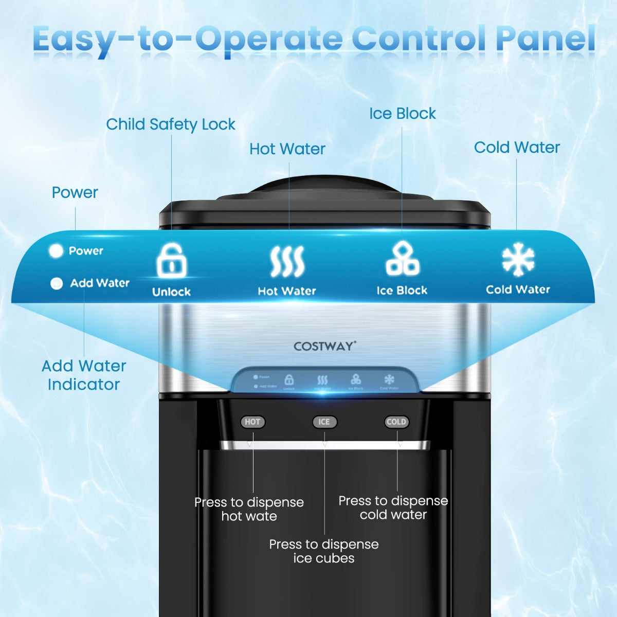 LIVSK 3-in-1 Waterdispenser met Ijsmaker - Warm/Koud Water - Intuïtief Paneel - Kinderslot - 28 x 43 x 48 cm - Zilver + Zwart