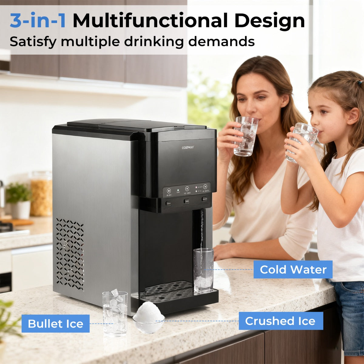 Livsk costway 3 in 1 waterdispenser met ijsblokjesmachine ijsblokjesmachine met gemalen ijs ijsmachine voor thuis keuken en kantoor 3