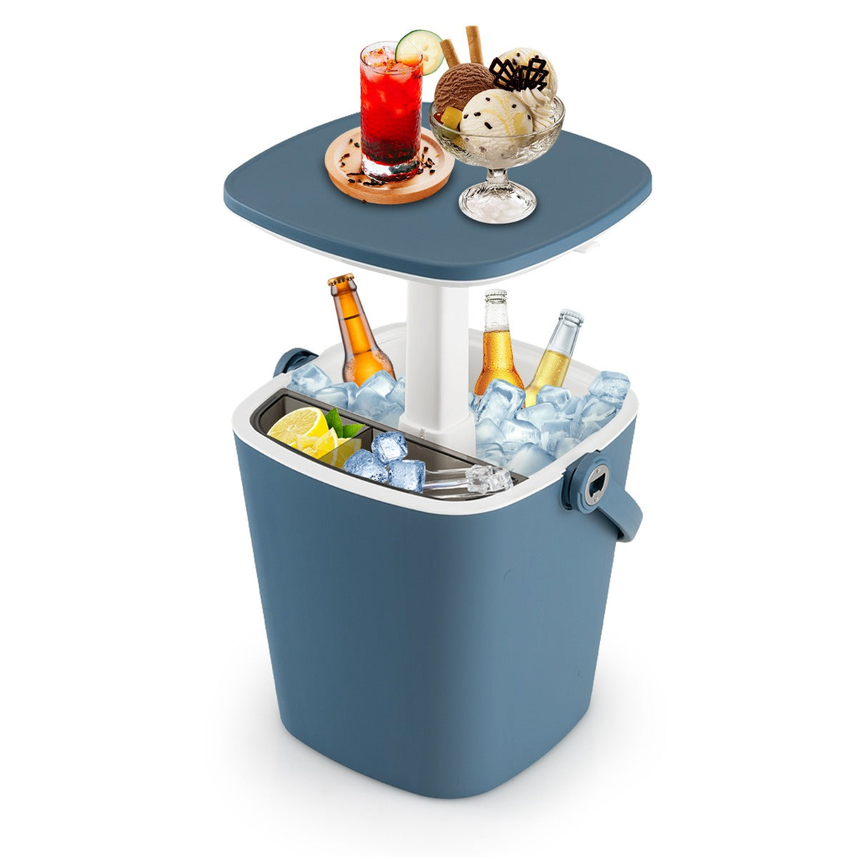 LIVSK 3-in-1 Koeltafel - Weerbestendig PP - Tot 15L - Inclusief Flesopener en Tang - Perfect voor Buiten - Blauw
