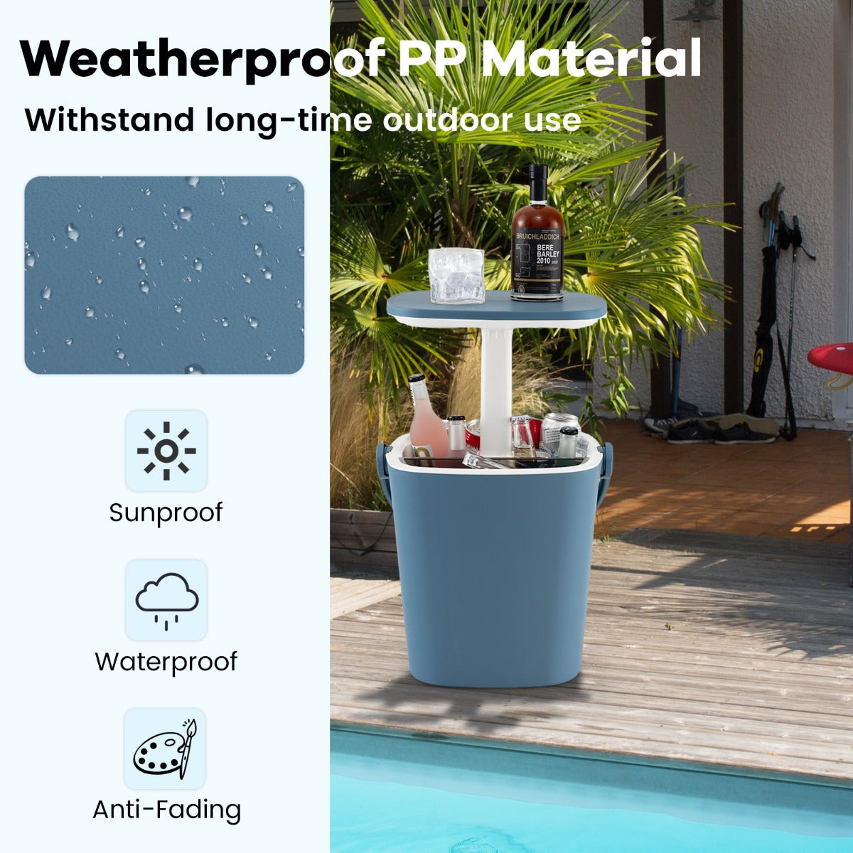 LIVSK 3-in-1 Koeltafel - Weerbestendig PP - Tot 15L - Inclusief Flesopener en Tang - Perfect voor Buiten - Blauw