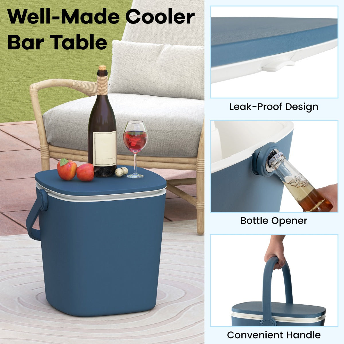 LIVSK 3-in-1 Koeltafel - Weerbestendig PP - Tot 15L - Inclusief Flesopener en Tang - Perfect voor Buiten - Blauw