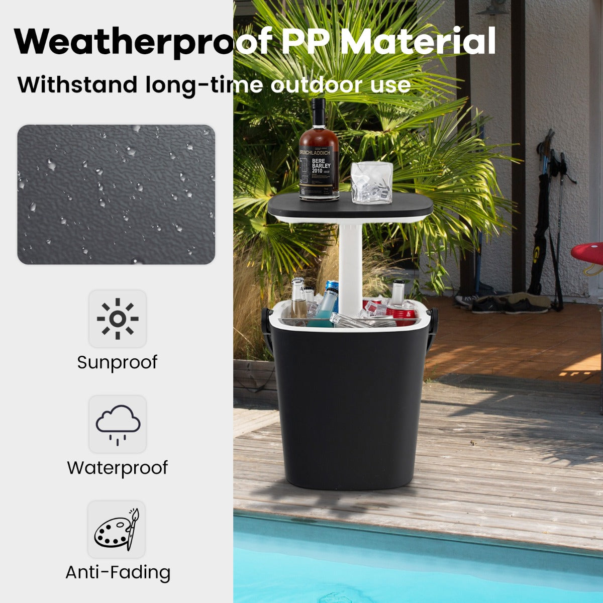 LIVSK 3-in-1 Koeltafel - Weerbestendig PP - Flesopener en Tang - Tot 15L - Lichtgewicht en Draagbaar - Zwart