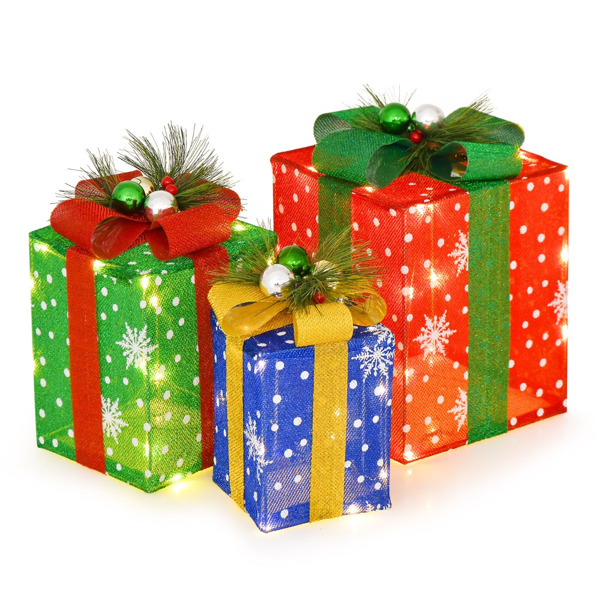 Livsk costway 3 kerstcadeaudozen voor decoratie verlichte kerstdecoratieset cadeaudozen met strikken 52 led lampjes voor binnen buiten