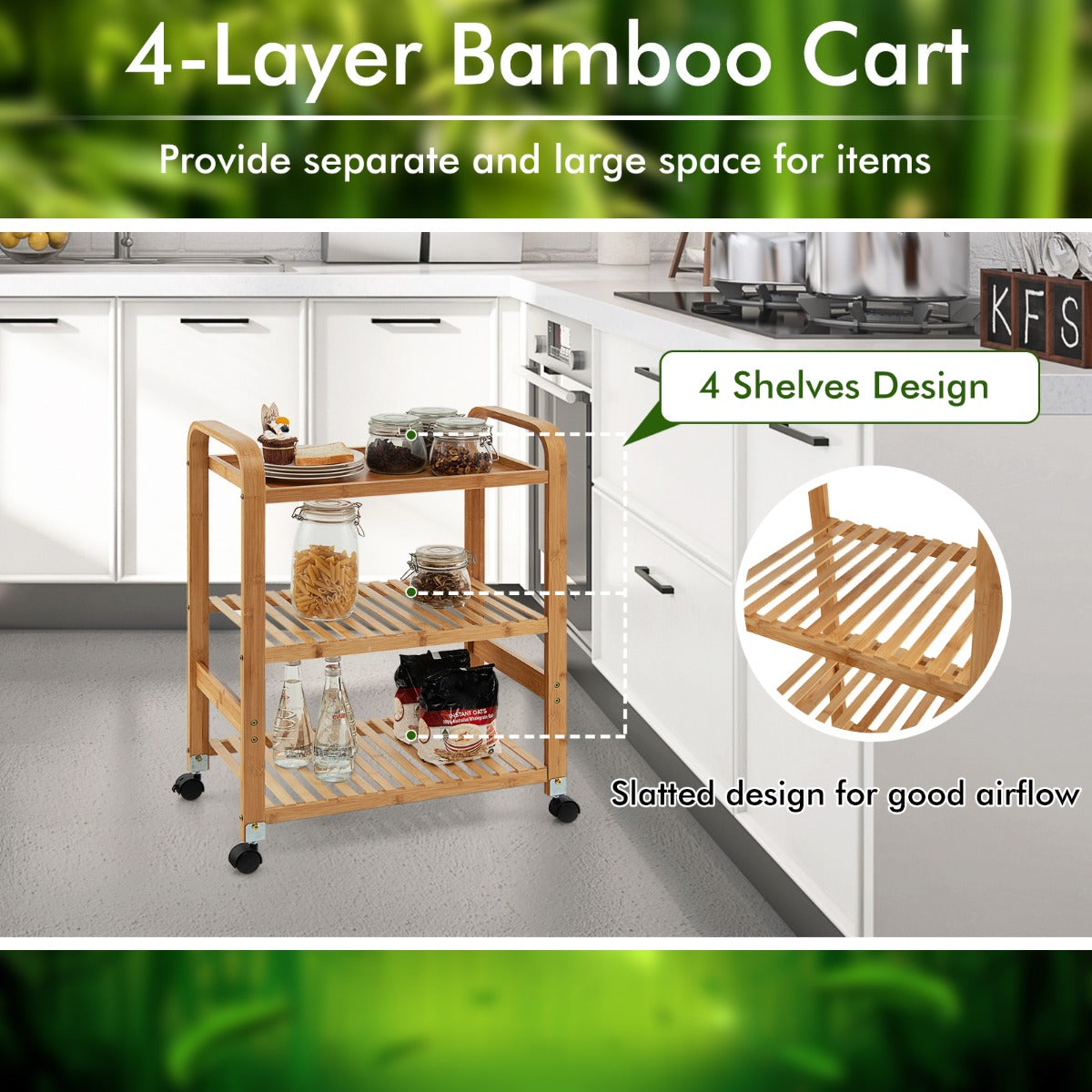 LIVSK Rollende Bamboe Barkar - 3-Lagen Opbergrek - Stevige Constructie - 4 Wielen - Multifunctioneel - Natuurlijk