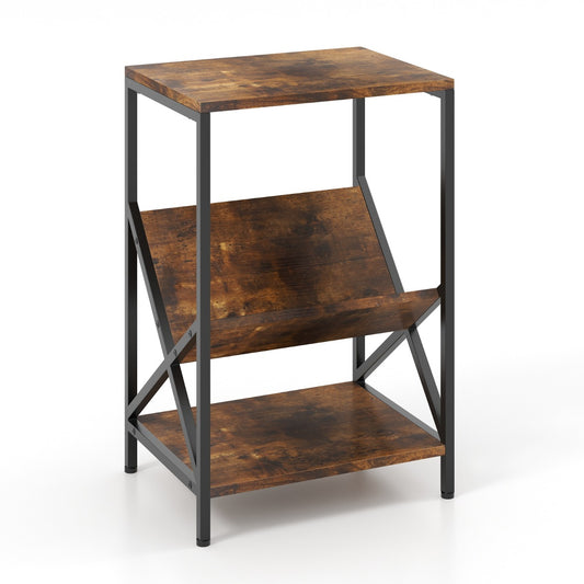 LIVSK Bijzettafel met 3 Niveaus - V-Vormige Tijdschriftenhouder - Stevig Metalen Frame - 40 x 30 x 61 cm - Rustiek bruin