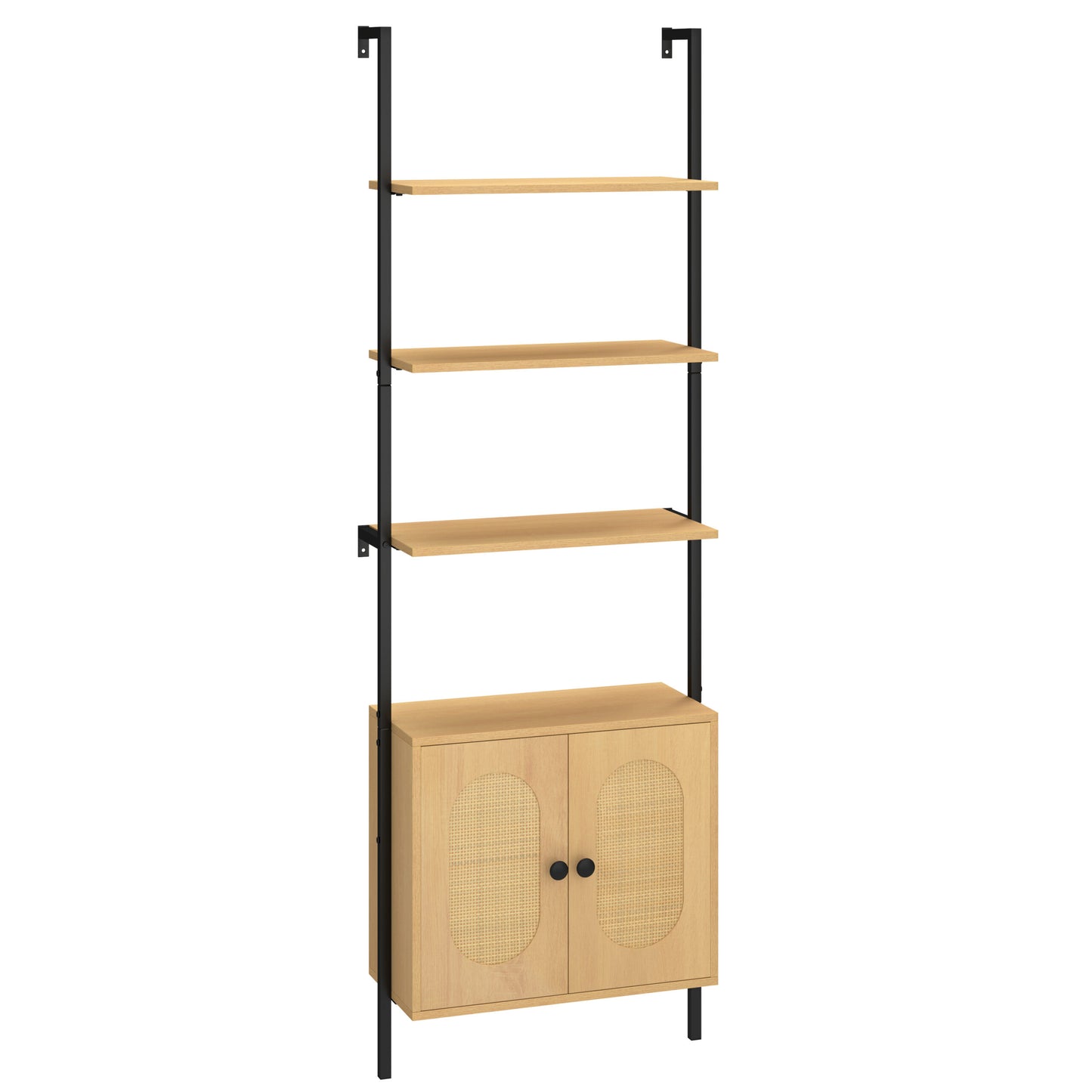 LIVSK Ladder Boekenplank met Rieten Deuren - 3 Open Planken - Verstelbare Kast - Veilig Wandgemonteerd - 184 cm - Natuur