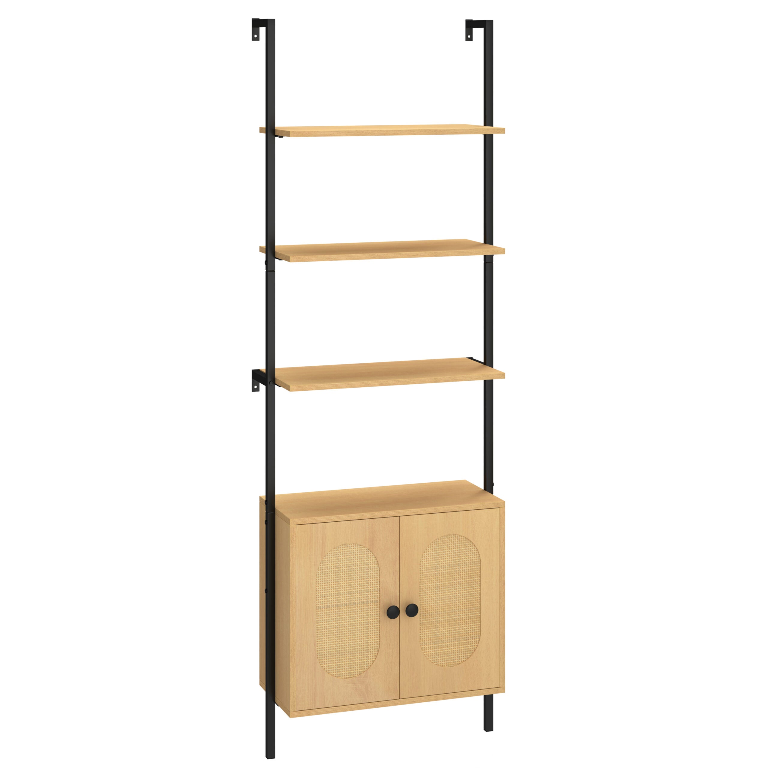 LIVSK Ladder Boekenplank met Rieten Deuren - 3 Open Planken - Verstelbare Kast - Veilig Wandgemonteerd - 184 cm - Natuur