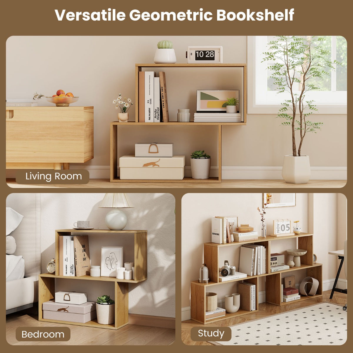 LIVSK Geometrische Boekenkast - Vrijstaand met 2 Kubusvakken - 3 Niveaus - Houtnerfafwerking - Veiligheidsvoorzieningen -