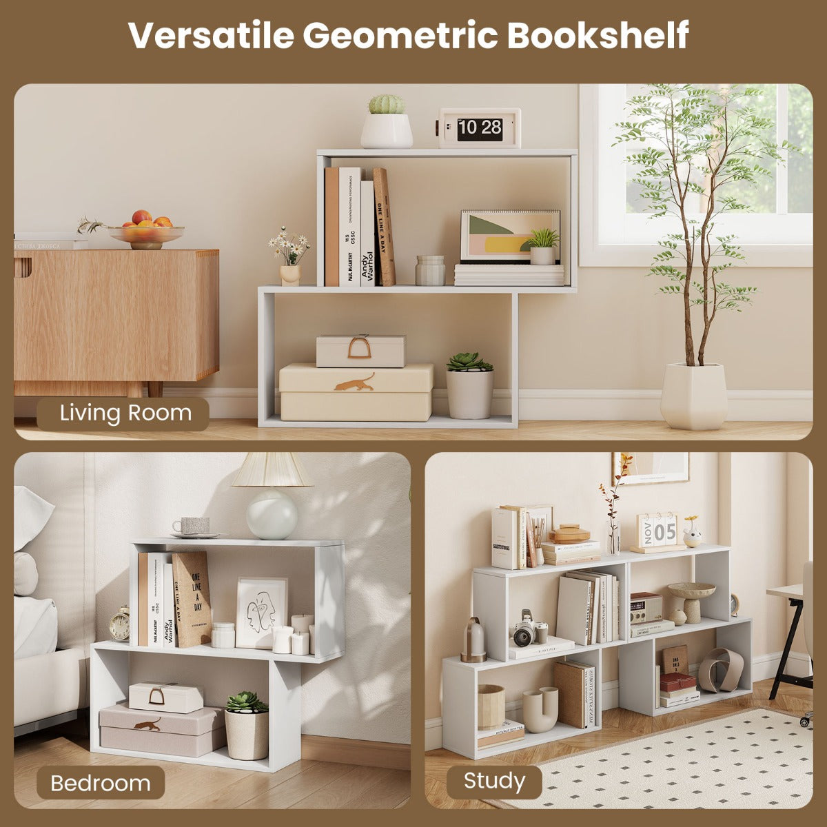 LIVSK Geometrische Boekenkast - Vrijstaand met 2 Kubusvormige Vakken - Houtnerfafwerking - Veilig met Kantelbeveiliging - Wit