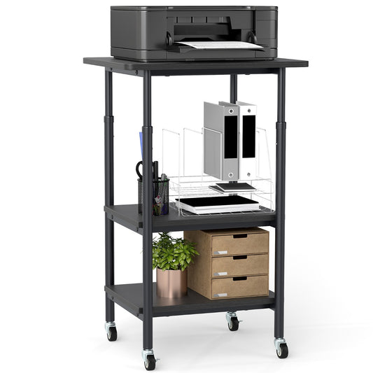 LIVSK Mobiele Printerstandaard - Hoogteverstelbaar 65/77 cm - 3-laags met Wielen - Robuuste Constructie - Zwart