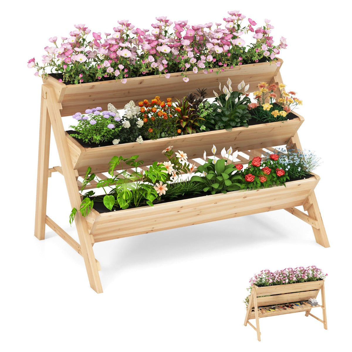 LIVSK Drielaags Verhoogd Plantenbed - A-vormig Vurenhout - Inclusief Lattenplank en 2 Haken - 117 x 74 x 80 cm - Natuurlijk