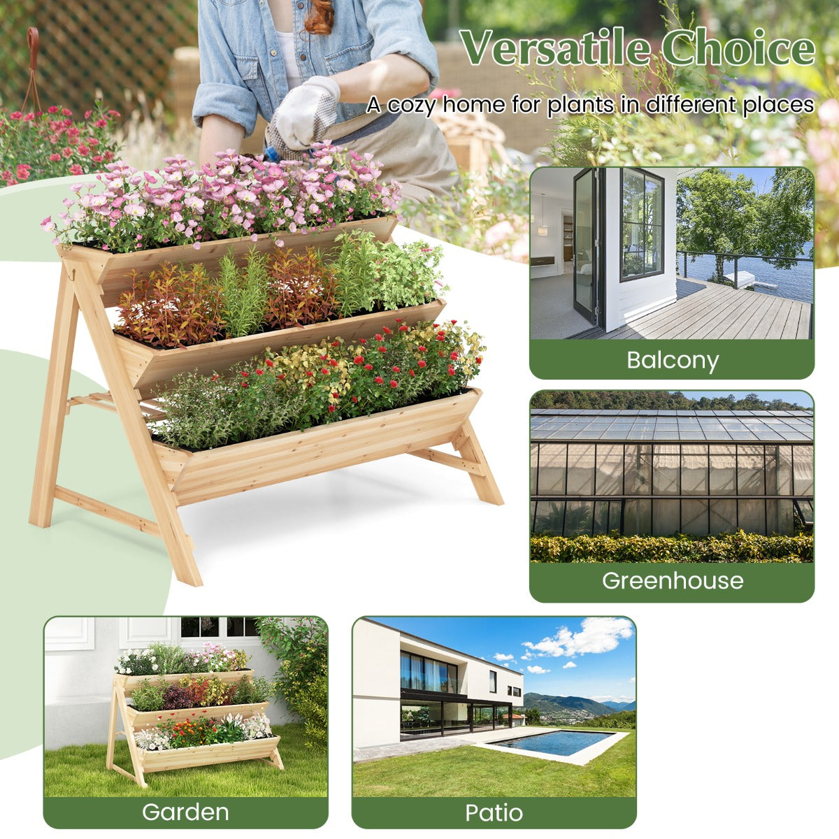 LIVSK Drielaags Verhoogd Plantenbed - A-vormig Vurenhout - Inclusief Lattenplank en 2 Haken - 117 x 74 x 80 cm - Natuurlijk