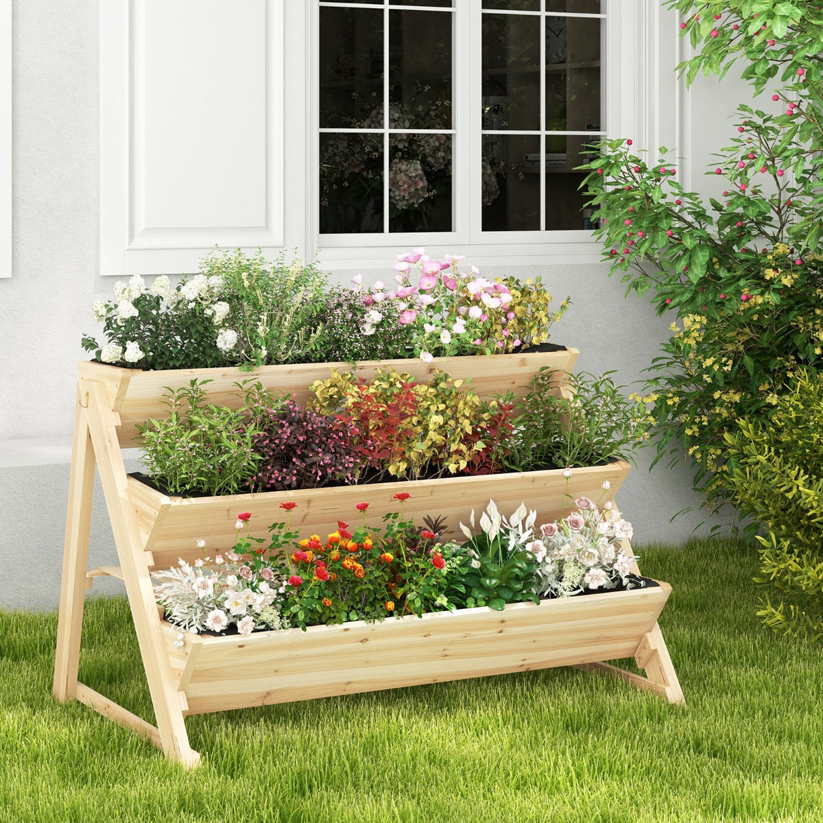 LIVSK Drielaags Verhoogd Plantenbed - A-vormig Vurenhout - Inclusief Lattenplank en 2 Haken - 117 x 74 x 80 cm - Natuurlijk