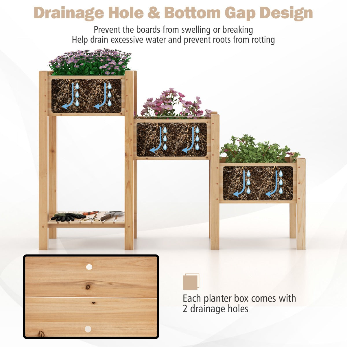 Livsk costway 3 laags houten verhoogd tuinbed open opbergplank 3 verhoogde plantenbakken afvoergaten voor fruit groenten bloemen