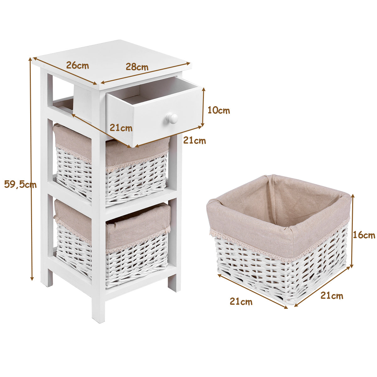 LIVSK Nachtkastje - 3 Laags met Opberglade en Mand - Duurzaam Paulowniahout - Ruimtebesparend - Wit + Beige