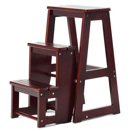 LIVSK Opstapkruk - Multifunctioneel als Kruk en Ladder - Massief Dennenhout - Ergonomisch Design - Rubberen Bescherming - Bruin