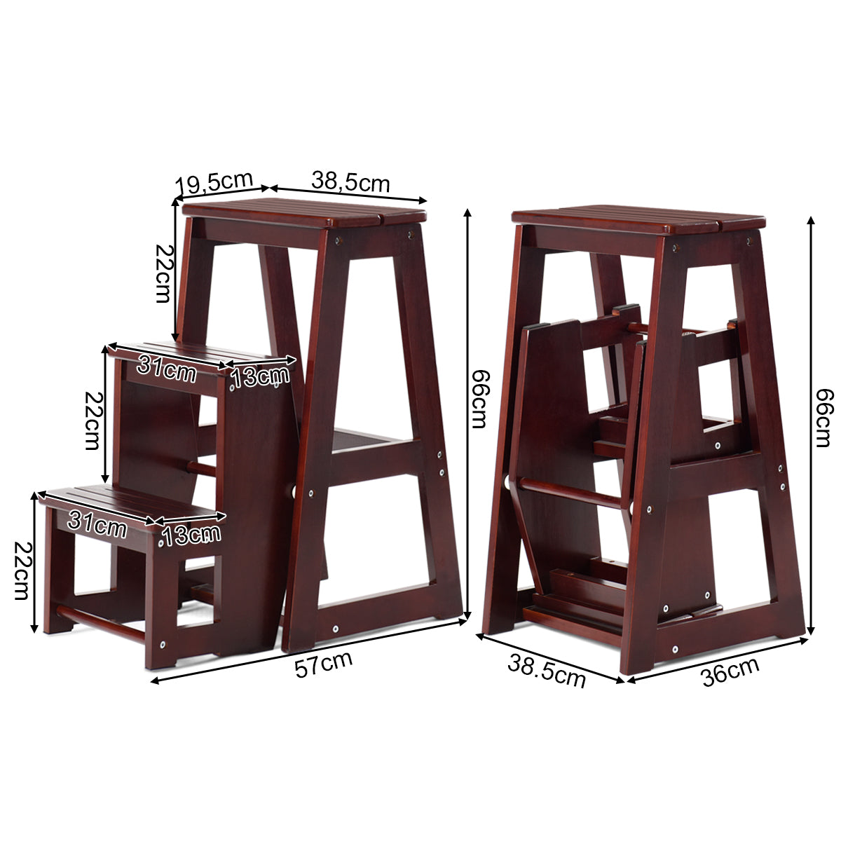 LIVSK Opstapkruk - Multifunctioneel als Kruk en Ladder - Massief Dennenhout - Ergonomisch Design - Rubberen Bescherming - Bruin