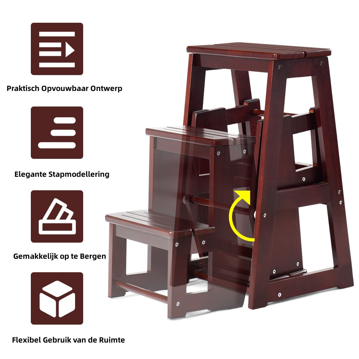 LIVSK Opstapkruk - Multifunctioneel als Kruk en Ladder - Massief Dennenhout - Ergonomisch Design - Rubberen Bescherming - Bruin