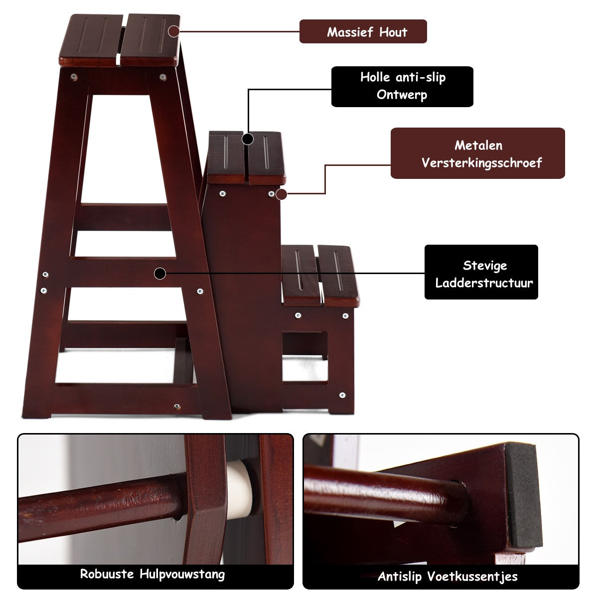 LIVSK Opstapkruk - Multifunctioneel als Kruk en Ladder - Massief Dennenhout - Ergonomisch Design - Rubberen Bescherming - Bruin