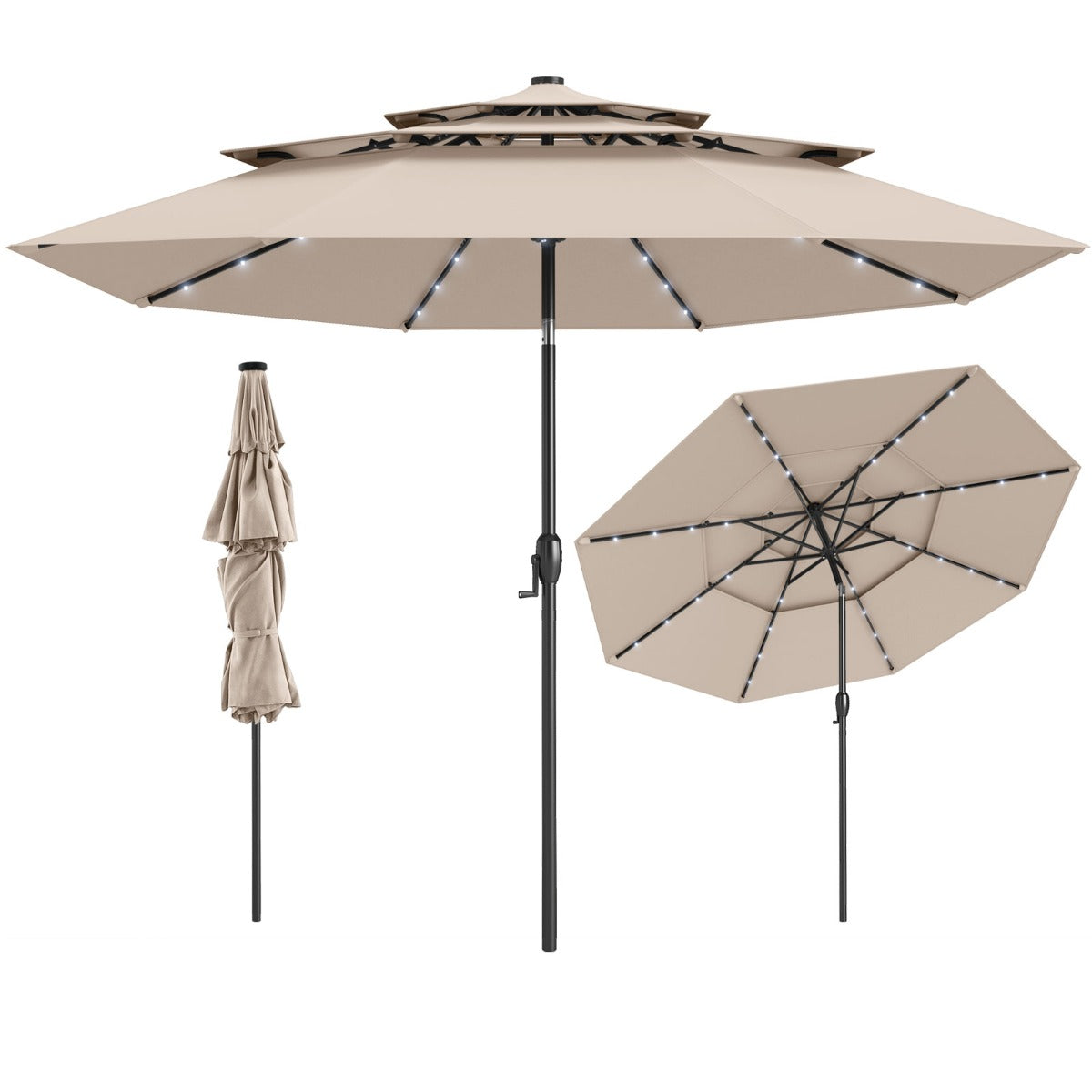 LIVSK Terrasparasol met LED Verlichting - Kantelbaar - Ventilatieopeningen - Slingerbediening - Ø 313 cm - Beige