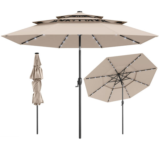 LIVSK Terrasparasol met LED Verlichting - Kantelbaar - Ventilatieopeningen - Slingerbediening - Ø 313 cm - Beige