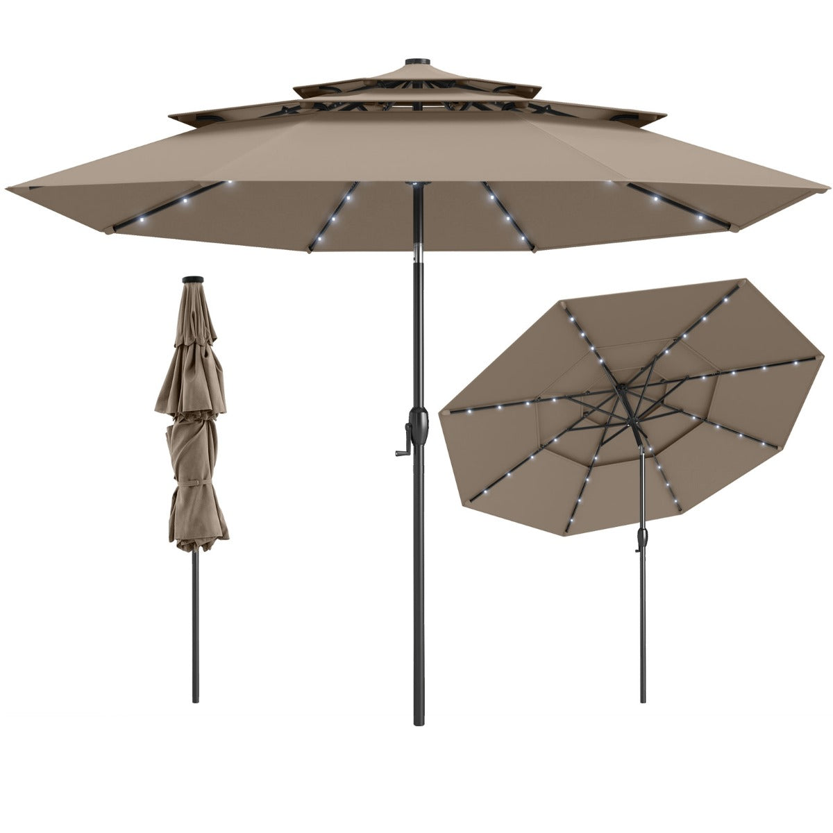 LIVSK 3-Laags Terrasparasol met Slinger - Zonne-energie LED-verlichting - Kantelbaar tot 35° - Geventileerd - 313 cm - Bruin