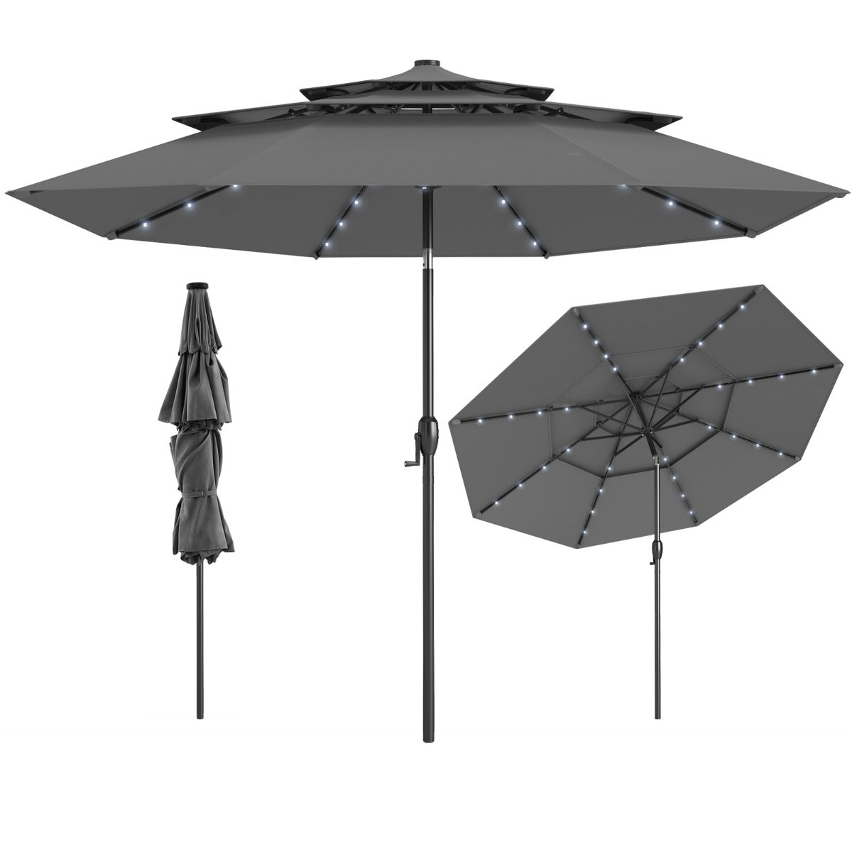 LIVSK Terrasparasol op Zonne-energie - Kantelbaar met LED-verlichting - 3 Ventilatieopeningen - 313 x 248 cm - Grijs