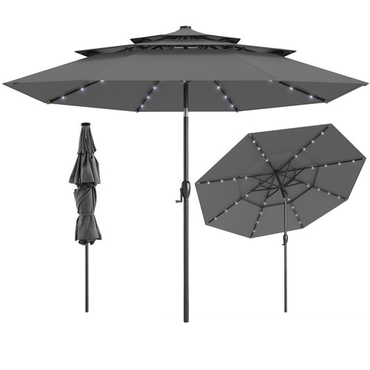 LIVSK Terrasparasol op Zonne-energie - Kantelbaar met LED-verlichting - 3 Ventilatieopeningen - 313 x 248 cm - Grijs