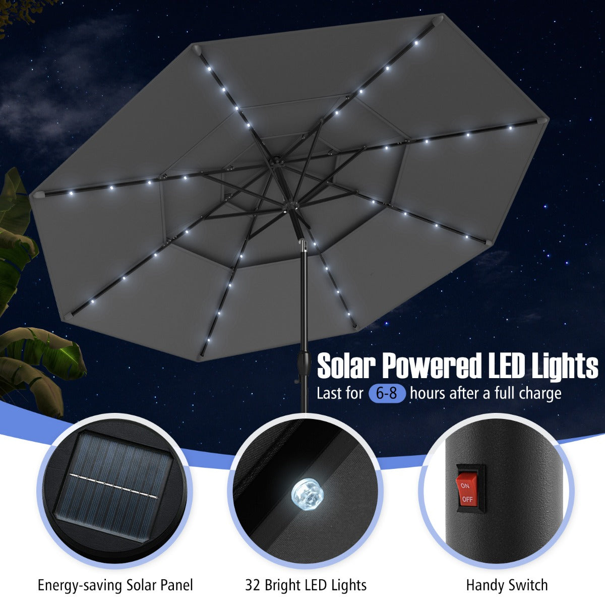 LIVSK Terrasparasol op Zonne-energie - Kantelbaar met LED-verlichting - 3 Ventilatieopeningen - 313 x 248 cm - Grijs