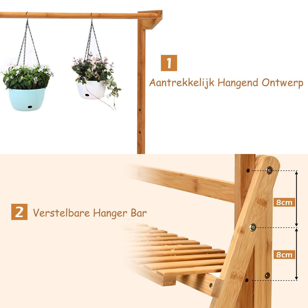 LIVSK Hangende Plantenstandaard - Bamboe - In hoogte verstelbaar - Drie niveaus - Voor binnen en buiten - Natuurlijke bamboekleur