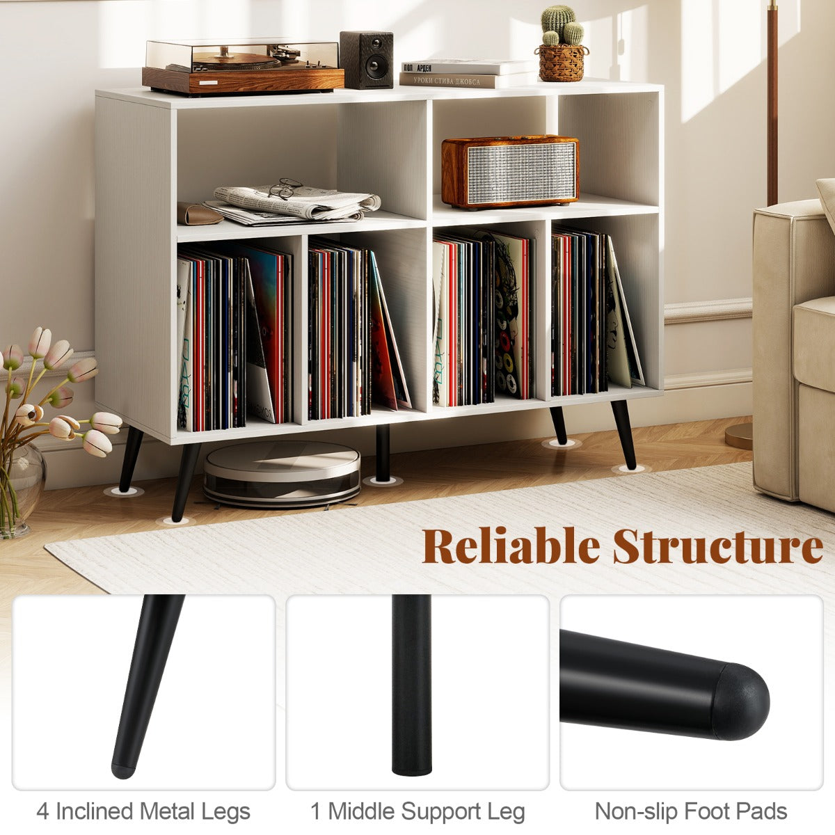 LIVSK Platenspelerstandaard - 4 Open Planken - Ruim Tafelblad - Verhoogde Steunpoten - Veiligheidssets - 100 x 40 x 74,5 cm - Wit
