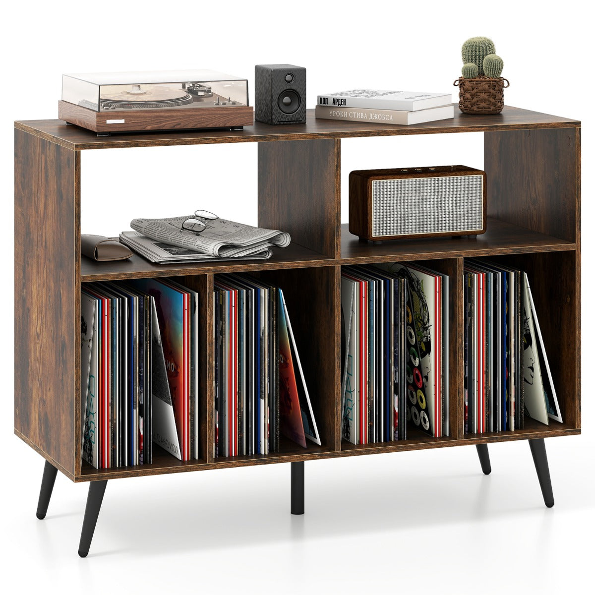 LIVSK Platenspelerstandaard - Rustiek Bruin - 3 Laags - Vinylopslag - Tafelblad en Vakken - 100 x 40 x 74,5 cm - Bruin